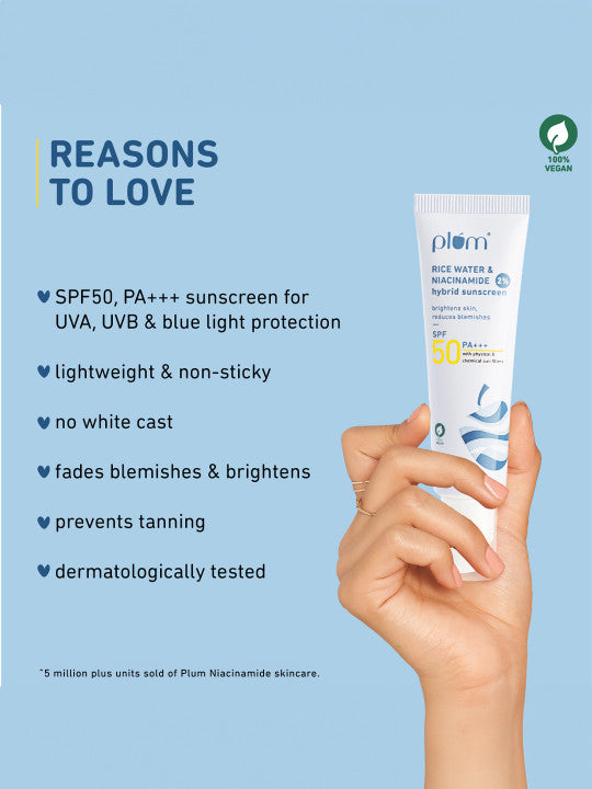 Plum Rice Water And Niacinamide Hybrid Sunscreen SPF 50 PA+++ 50g