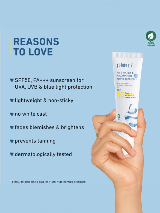 Plum Rice Water And Niacinamide Hybrid Sunscreen SPF 50 PA+++ 50g